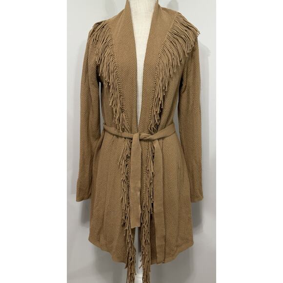 NEW J. Jill Fringe Cardigan Women Size XS Shawl Neck Open Front Sweater Tan Boho - Picture 1 of 3
